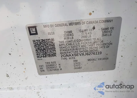 2018 Chevrolet Equinox Lt из США, поврежденный, VIN 2GNAXSEVXJ6276119